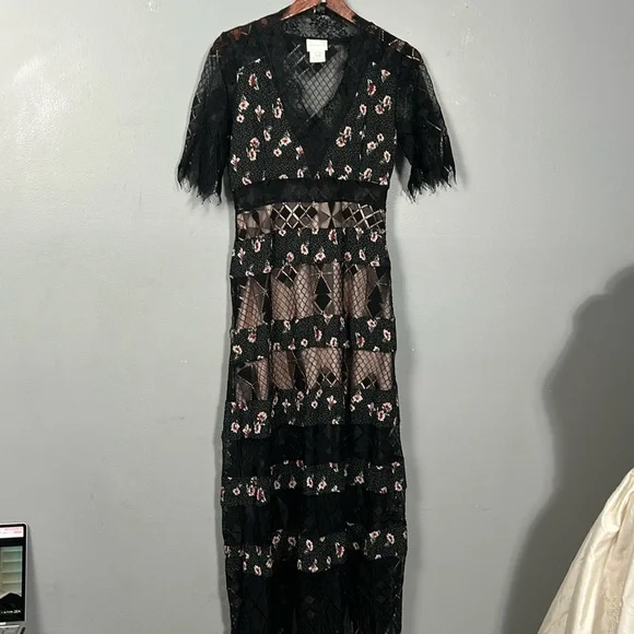 Foxiedox Sweetwater Stripe Black Lace Pink Floral Midi Dresssmall